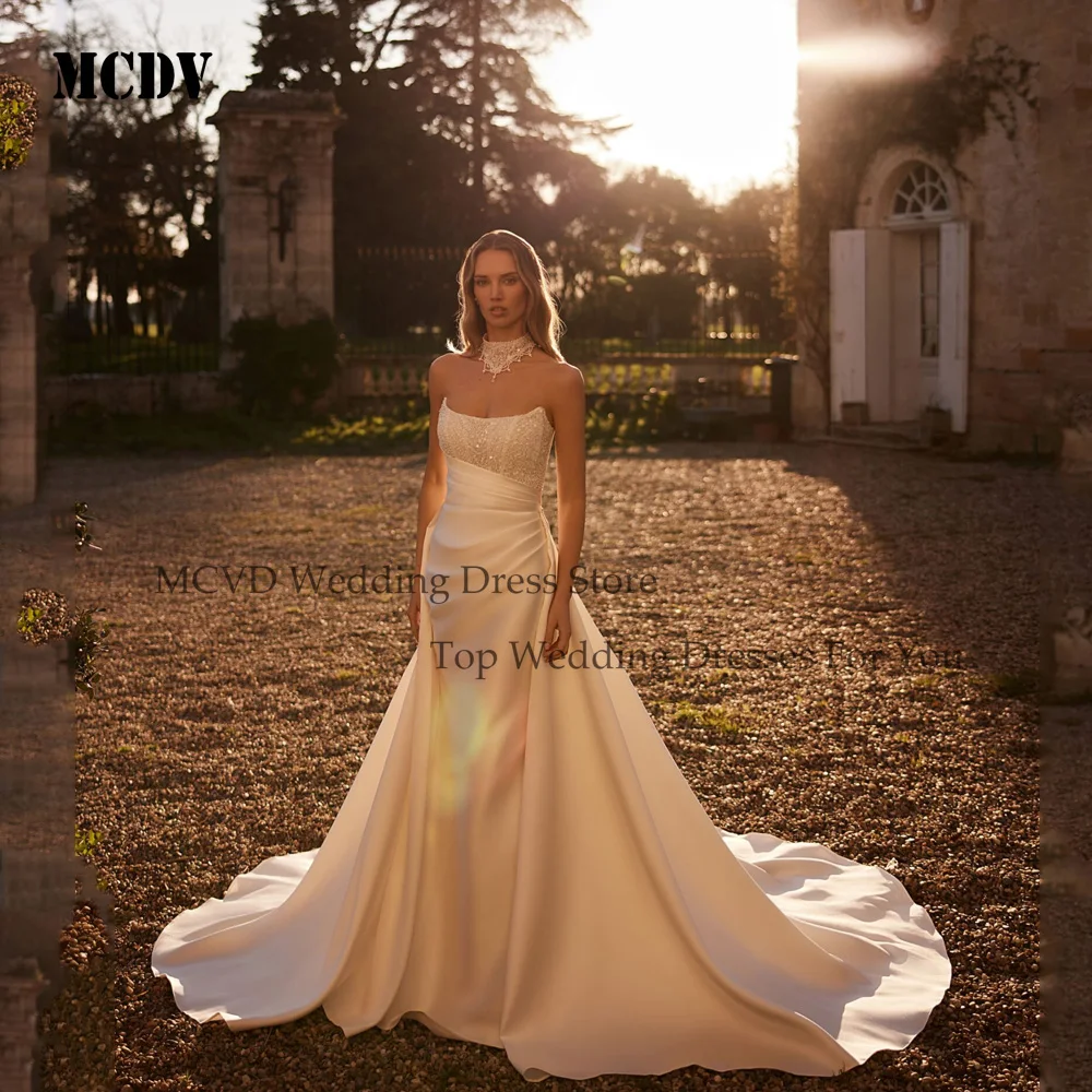 

MCDV Sexy White Wedding Dresses Lace Sweetheart Detachable Train Bride Dress Mermaid Satin Wedding Evening Gowns Customized