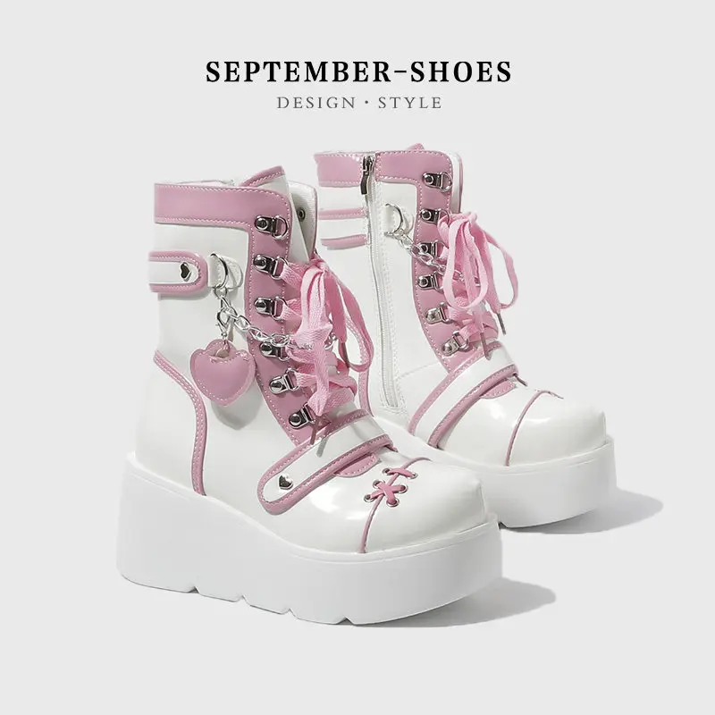 Unisex Gothic Lolita Platform Ankle Boots Round Toe Lace Up Side Zipper Heart Pendant Chain Chunky Lolita Girls' Boots