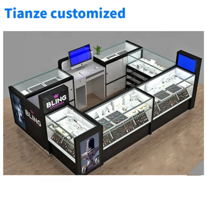 （customized）High-end Jewelry Kiosk Mall Glass Jewelry Display Cabinet with LED Light Modern Mall Kiosk Jewelry