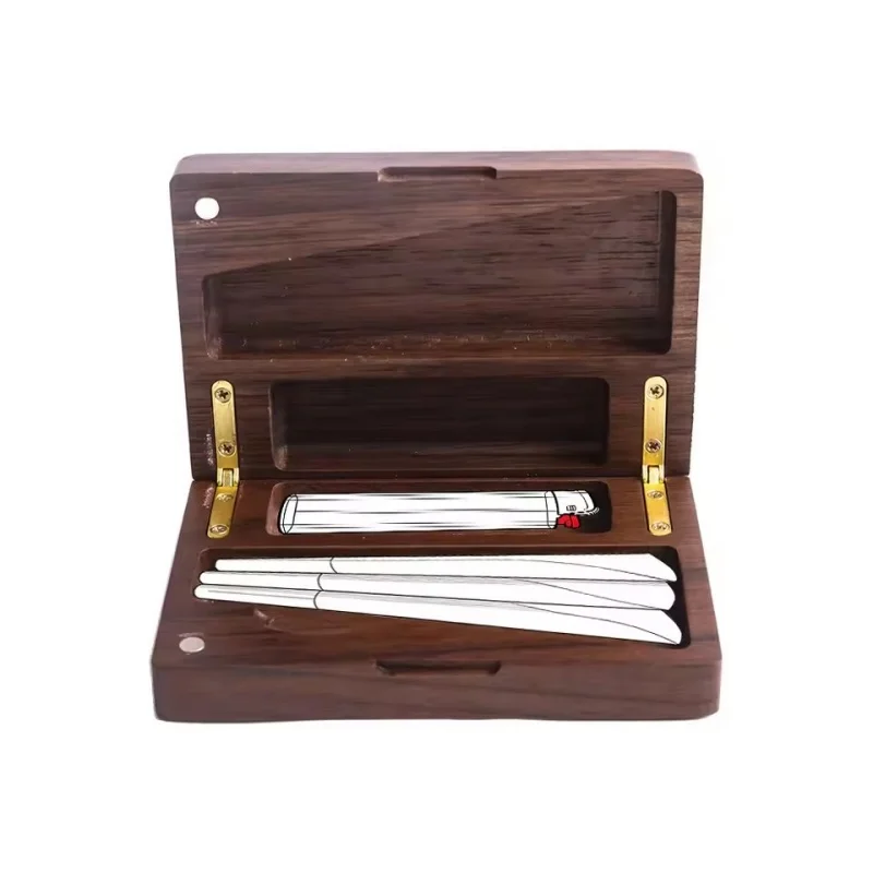 Vintage Handmade Walnut Cigar Box with Magnetic Closure - Holds Cigarettes & Pre-Rolls, Includes Lighter Storage
