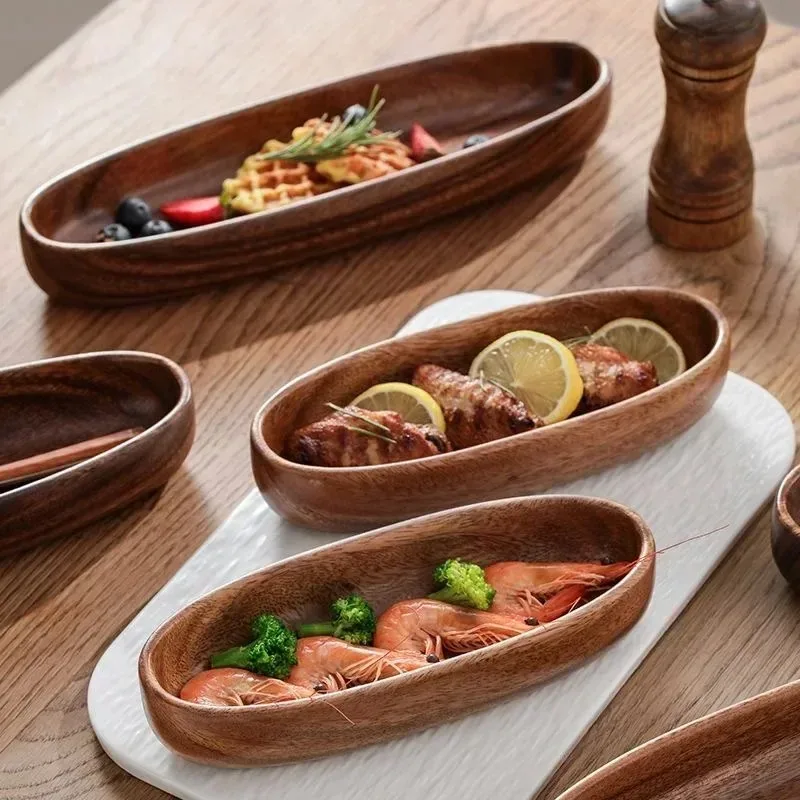 Tazón de Madera de Nogal, Plato Premium para Frutos Secos, Plato para Sushi, Caja para Nueces, Bandeja para Té y Refrescos, Plato para Frutas, Tazón de Madera Maciza en Forma de Barco