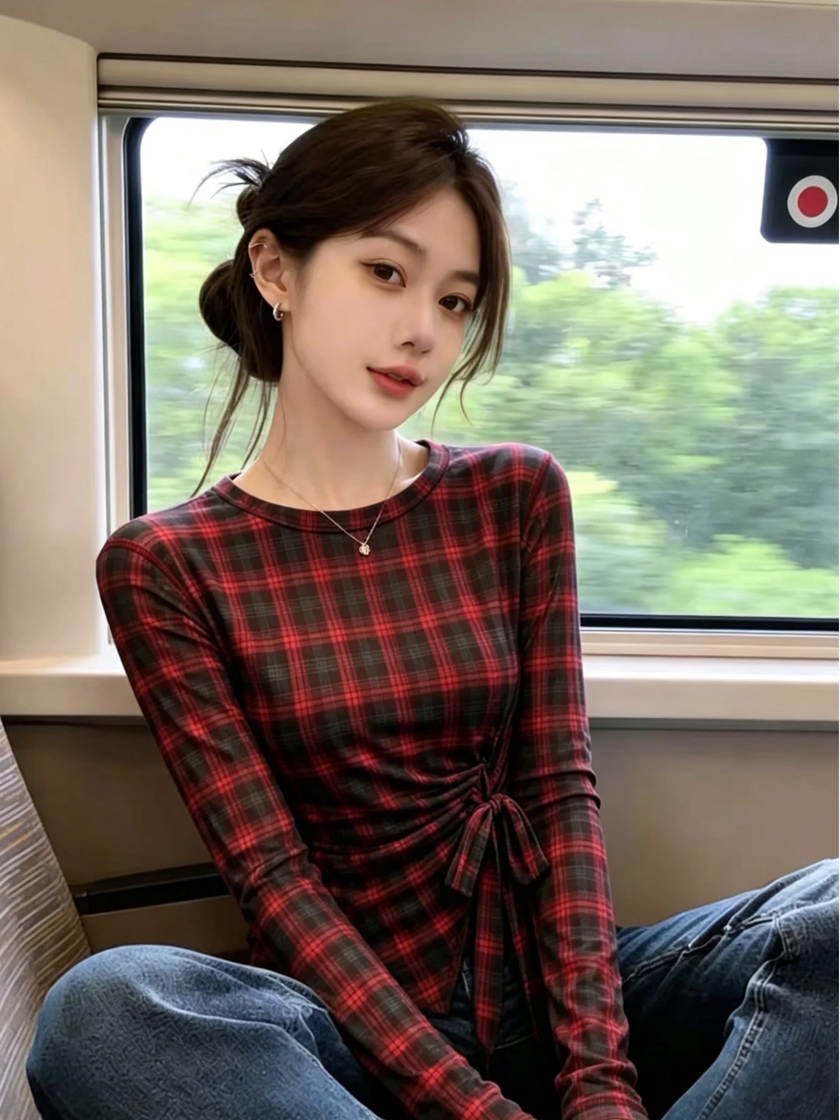 

Summer New Style Women's Long Sleeve T-Shirt Plaid Tie Double Layer Mesh Self Preservation Recommendation Sunscreen Cover up