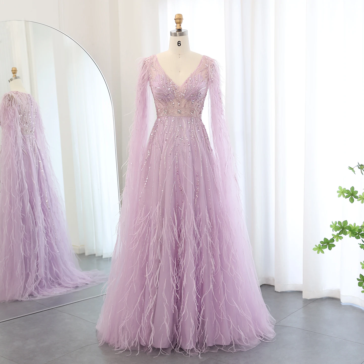 

Sharon Said Luxury Feathers Nude A-line Evening Dresses Cape Sleeves V-Neck Lilac Arabic Wedding Party Dress SS186 Customized