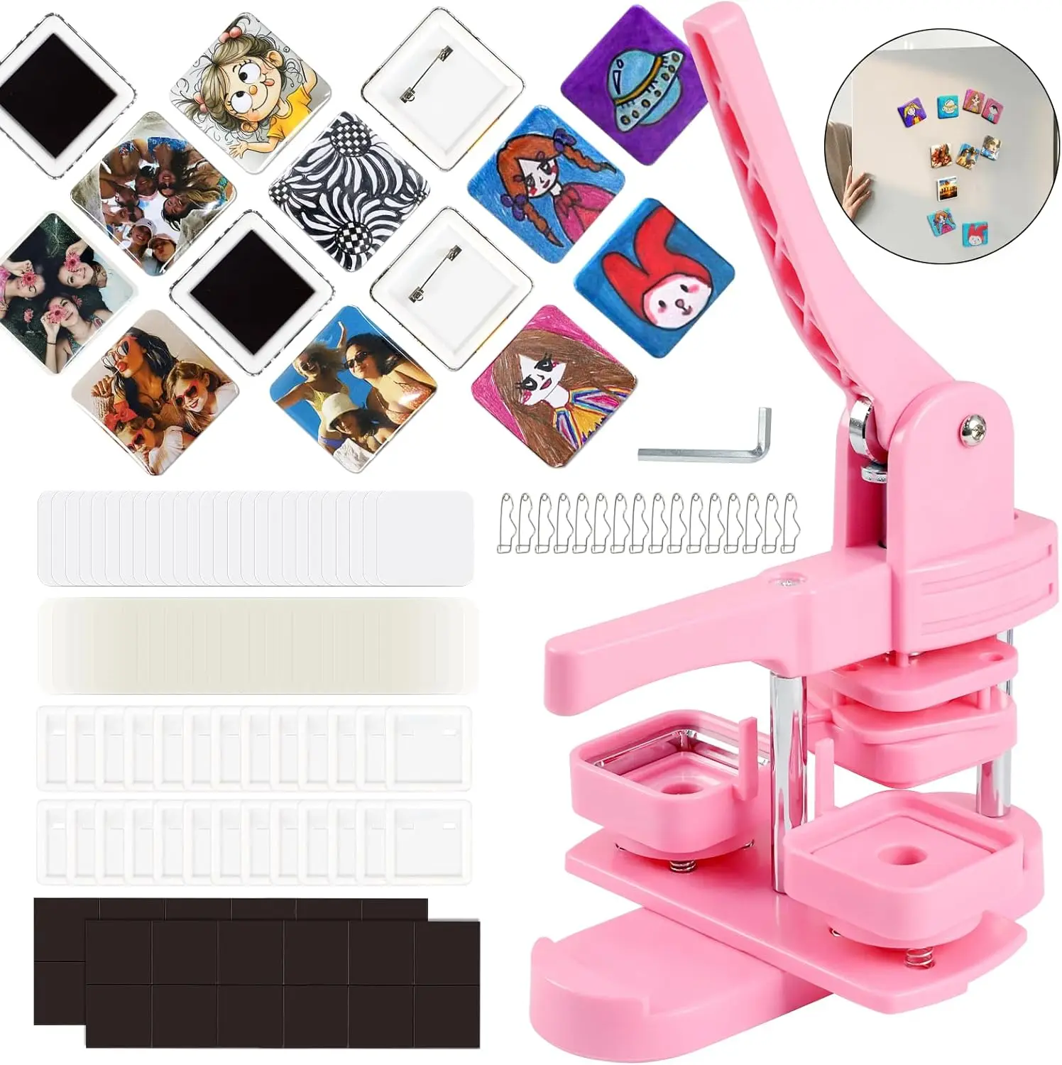 

2-in-1 Fridge Magnet & Button Maker Machine, 50mm Square Badge Press with 550 Free Parts