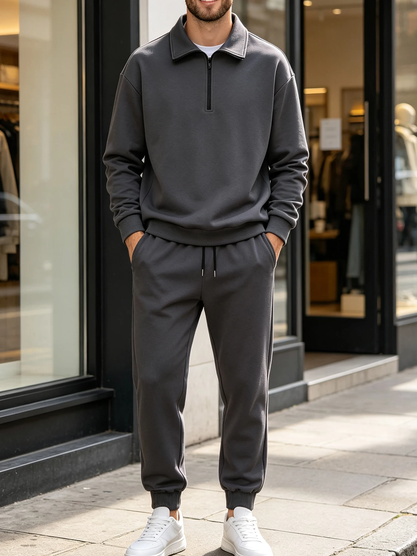 Men's Two-Piece Set with a Half-Zip Sweatshirt and Jogger Pants, Dark Gray Solid Color Business Casual Sports Suit, Simple and Versatile Everyday Comfortable Men's Outfit Set