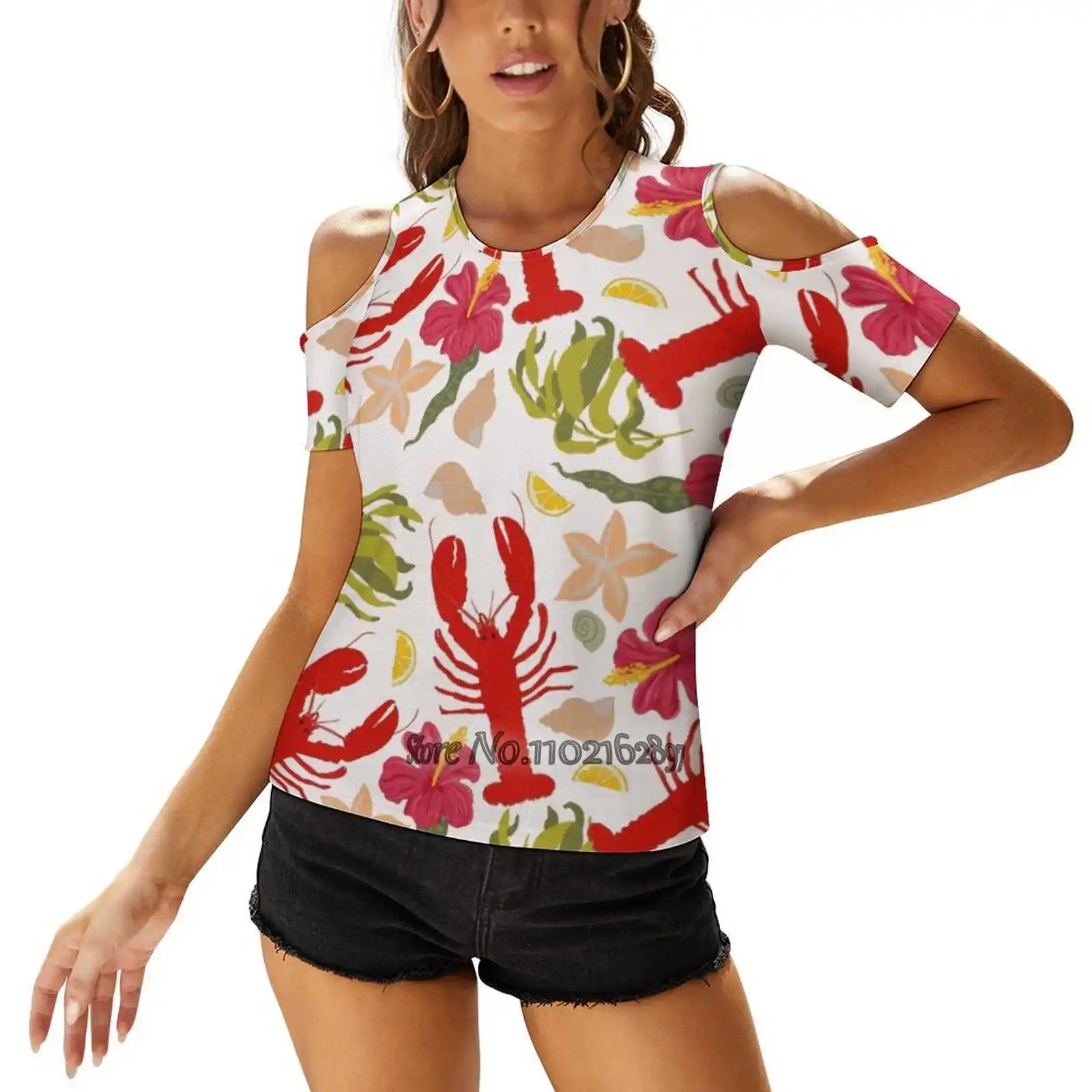 Red Lobster Sexy T-Shirt Casual Tops Pullover Ladies Top Back Lacing T Shirts Red Yellow Green Pink Lobster Seaweed Lemon