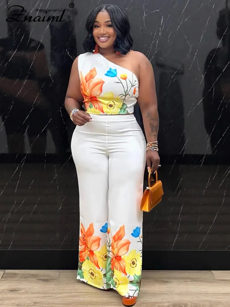 

Znaiml Flower Print 2 Piece Pant Set Women Skew Collar Crop Tops and Wide Leg Pants Casual Summer Vacation Party Outfits 2025