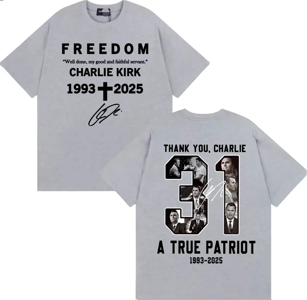 شكرا لك تشارلي كيرك تي شيرت الحرية الوطنية الحقيقية مزدوجة الوجهين طباعة تي شيرت الرجال النساء عادية القطن قصير الأكمام تي شيرت #2