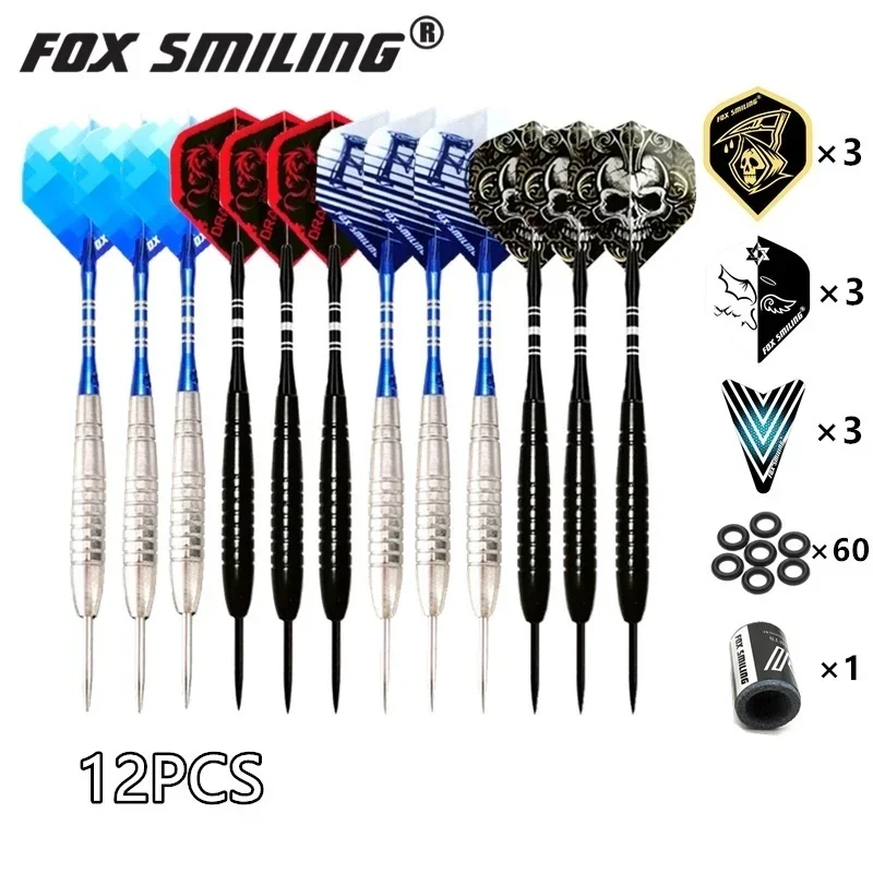 Conjunto de dardos com ponta de aço Fox Smiling profissional 12 peças 18/22/23g com eixo de nylon de alumínio, 9 voos e 1 peça de apontador