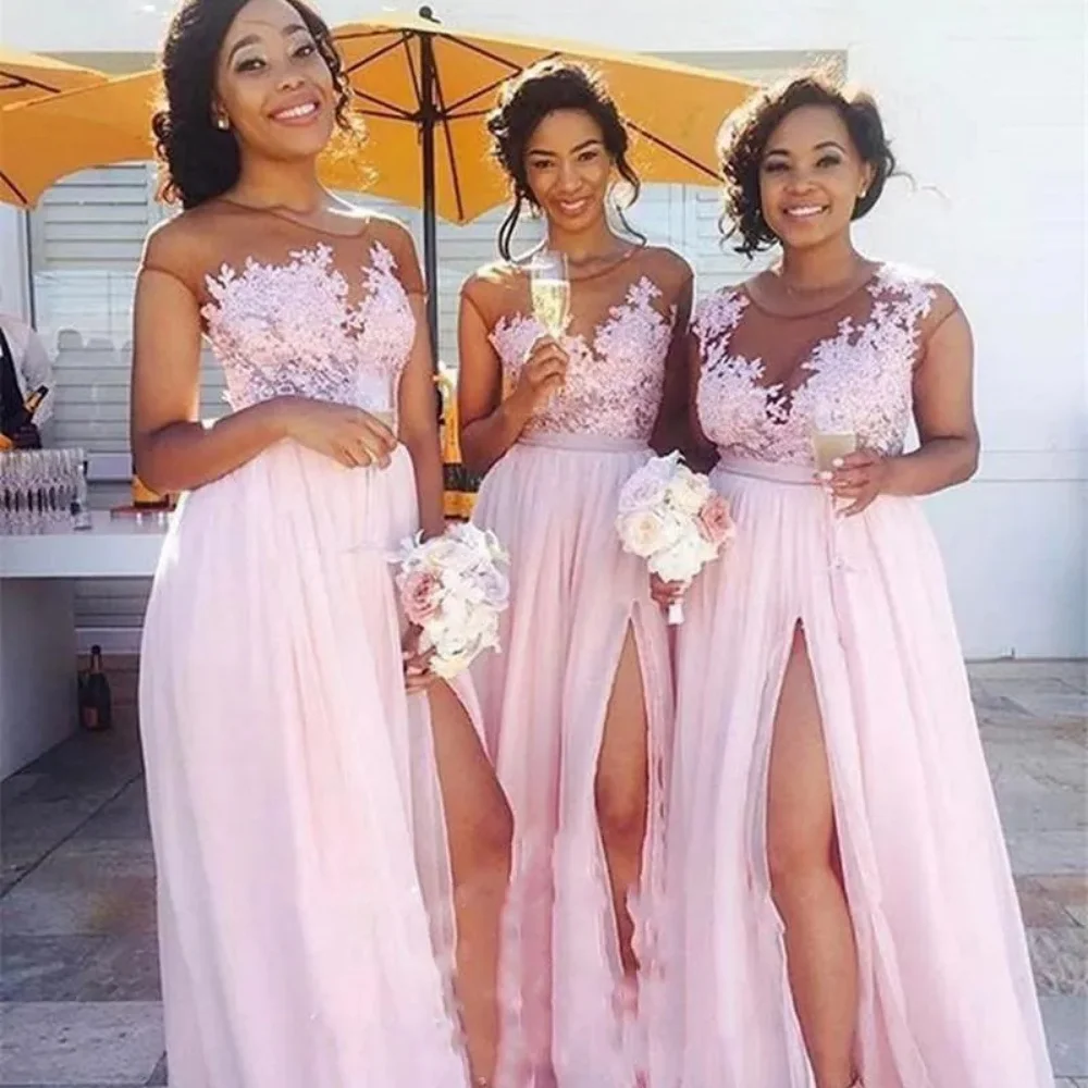 Pink African Girly Bridesmaids 2024 Sexy Transparent Gemstone Neck Lace Applique Bridesmaid Dress High Slit Formal Party Evening