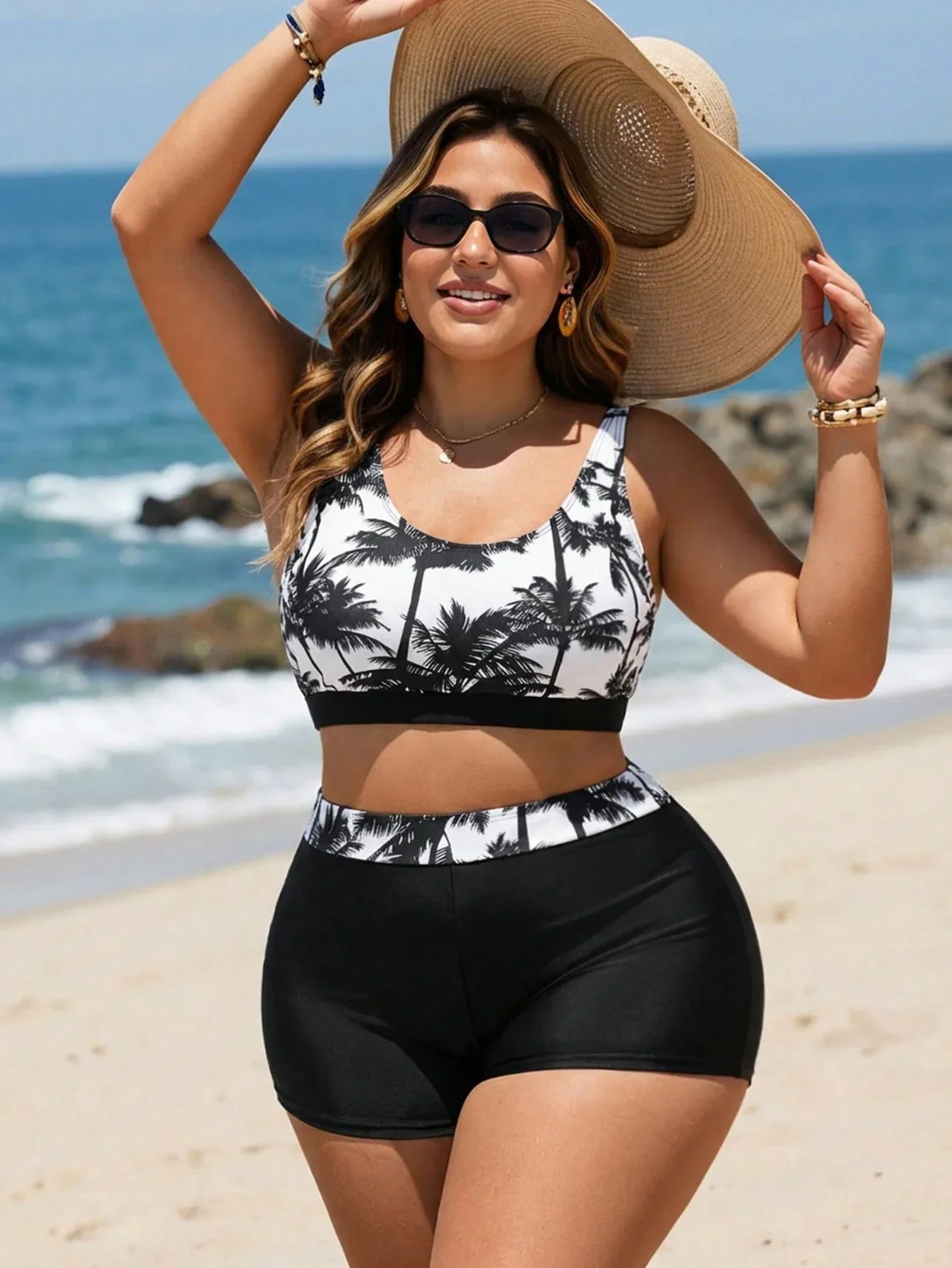 

Plus Size Palm Tree Print Spliced Beachwear Bikini Set With Bra And Swim Shorts
