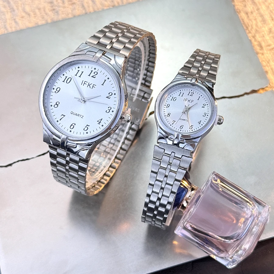 Digital Large Dial Unisex Quartz Watch Fashion Classic Steel Band Couple Gift Combination Men's And Women's Wristwatch