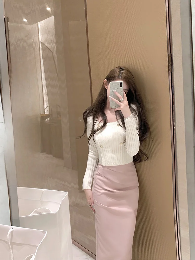 

White Square Collar Knitted Sweater Women's Autumn Winter Slim Fit Long Sve Base Layer Inner Wear Faionable Commute Sle