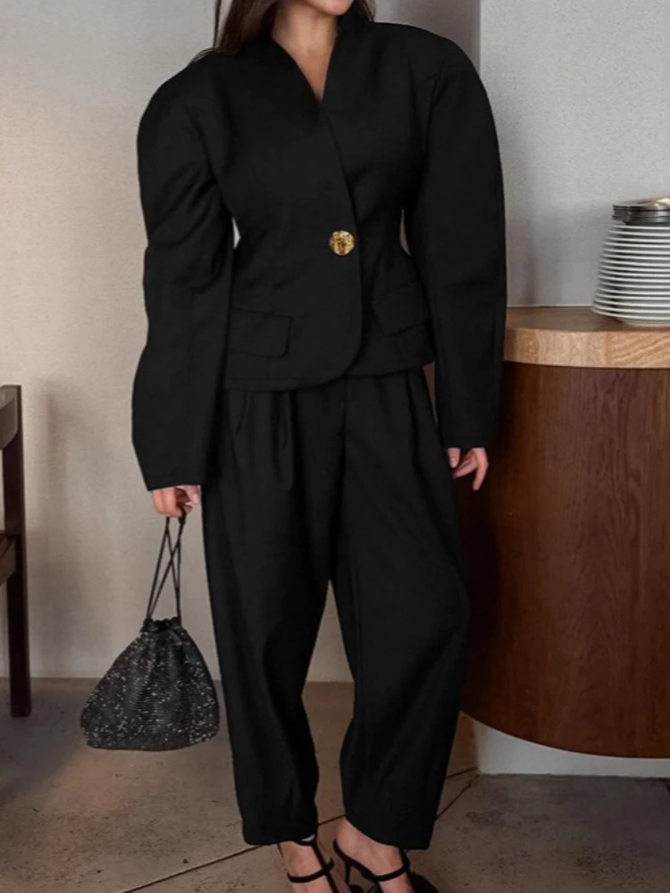 

New 2 Piece-Set Solid Commute Suit Women's Pants Puff Sleeves V-Neck Cropped Top And High Waist Pleated Pencil Pants Sets New