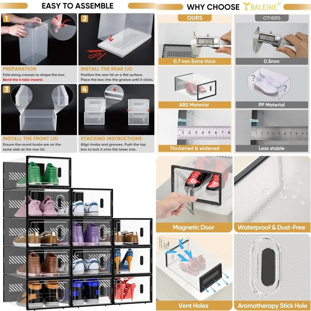 

Складные прозрачные пластиковые коробки для обуви с крышками, большие органайзеры для хранения кроссовок (черные)