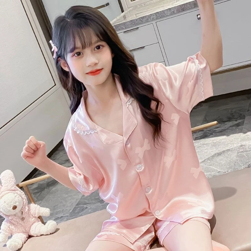 Girls Short Sleeve Summer Pajamas Set Loose Korean Style Air Conditioning Homewear Parent Child Matching