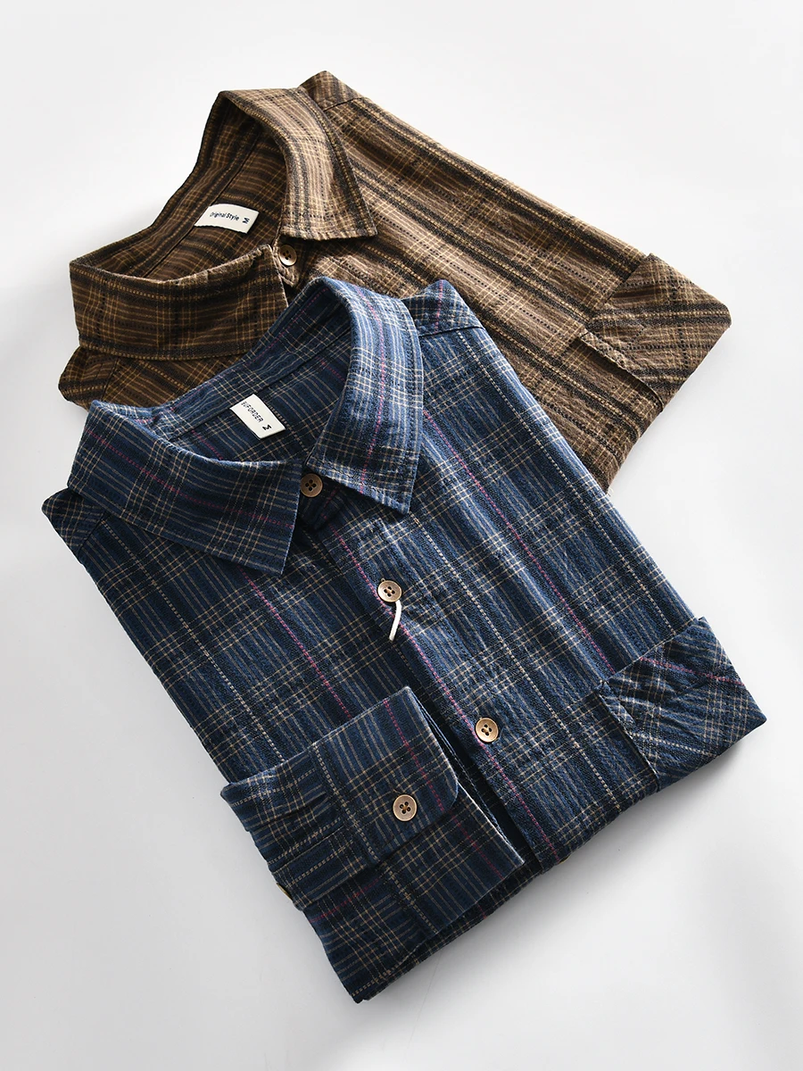 

Retro Japanese Style Men's Casual Long Sleeve Shirt Washed Cotton Plaid Spring Fashion Breathable Standard Fit Youth Popular