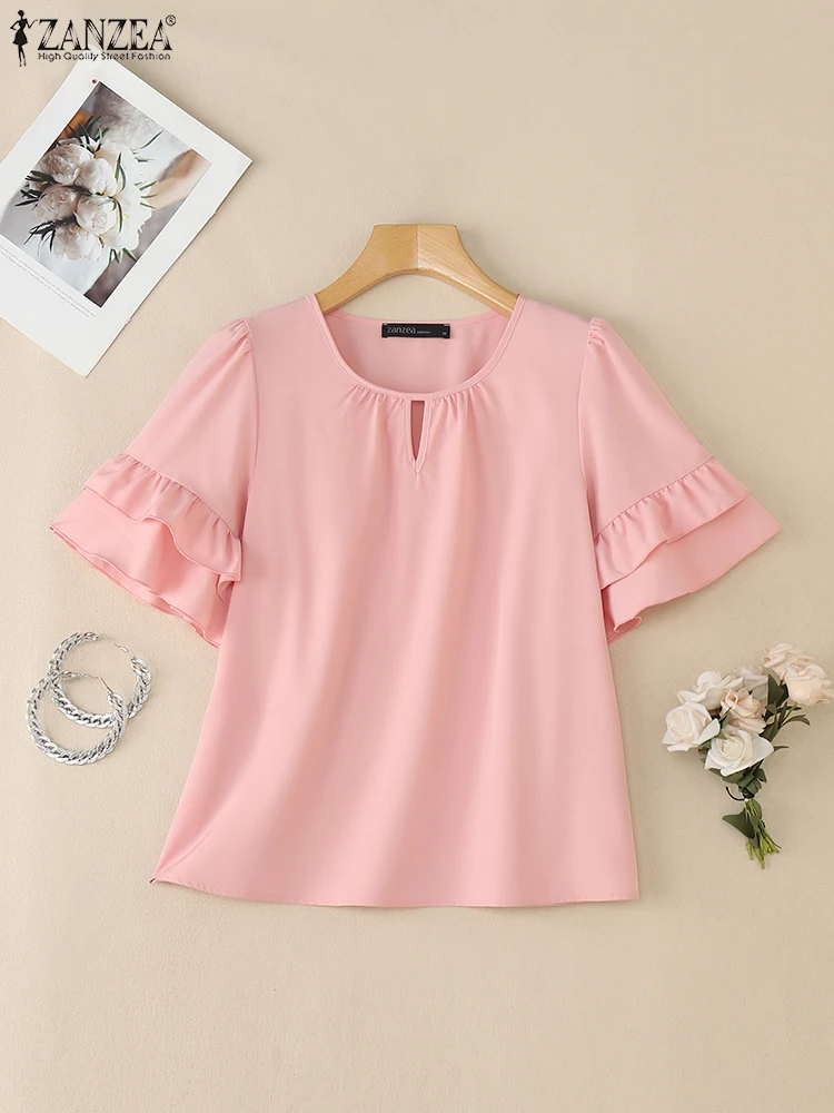 

ZANZEA 2025 летние офисные рабочие рубашки, стильные женские блузки, элегантные однотонные туники с короткими рукавами, топы, повседневные праздничные блузки с круглым вырезом