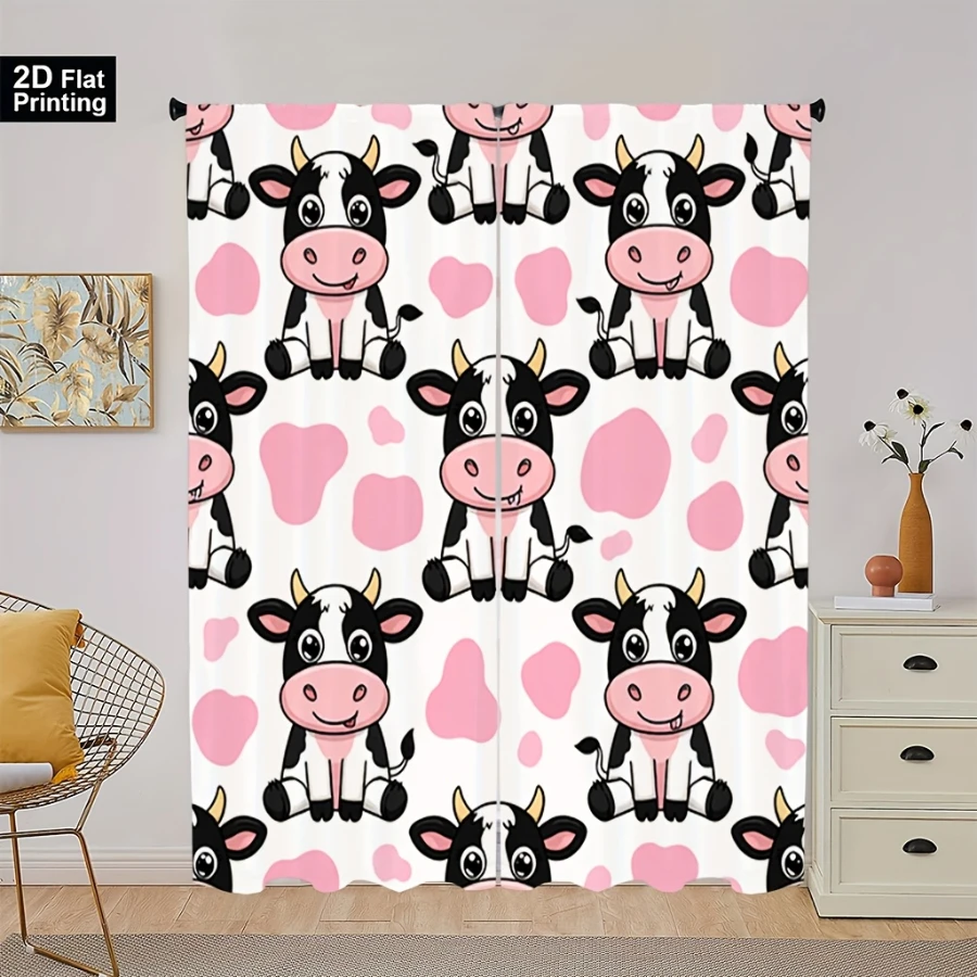 2PCS Cute Cow Print Curtains, Pink Cow Spots Pattern, Kawaii Animal Style Rod Pocket Drapes for Kids Bedroom Nursery Decor