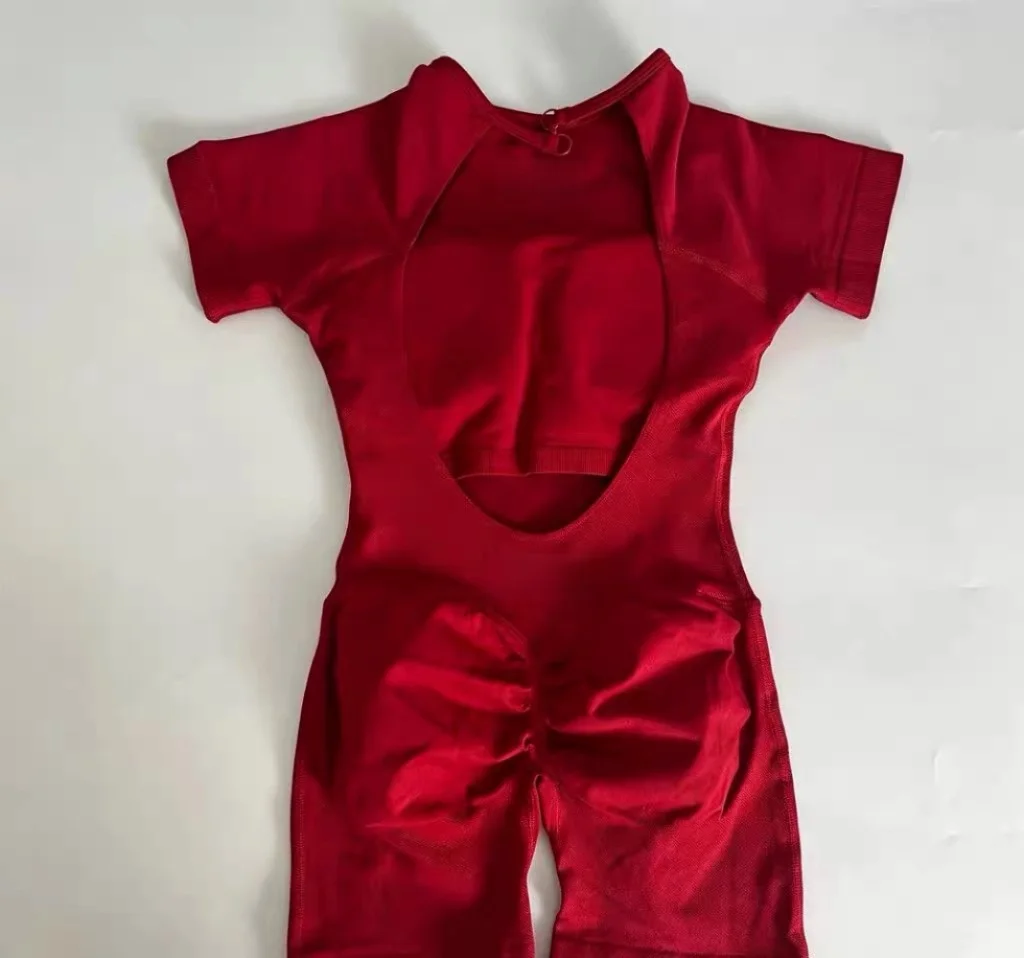 Damen Kurzarm Rückenfreier Gym-Jumpsuit Nahtloser Einteiliger Workout-Bodysuit Bauchkontrolle Yoga-Shorts Romper DFYNE-Stil – Detail 4