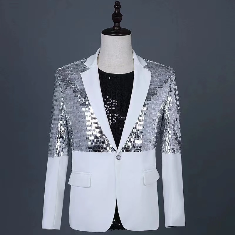 Silver Half Body Light Film Suit Male Singer Dance Team Performance Costume Banquet Guest Host Magician Walking Show Clothing