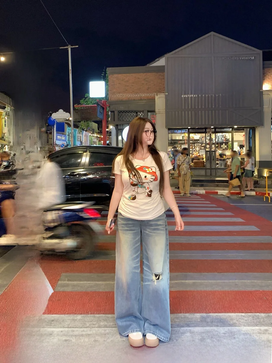 

Джинсы женские из стираного хлопка, широкие, больших размеров, свободного кроя, с эффектом похудения, с рваными элементами, повседневные, весна-лето, деним