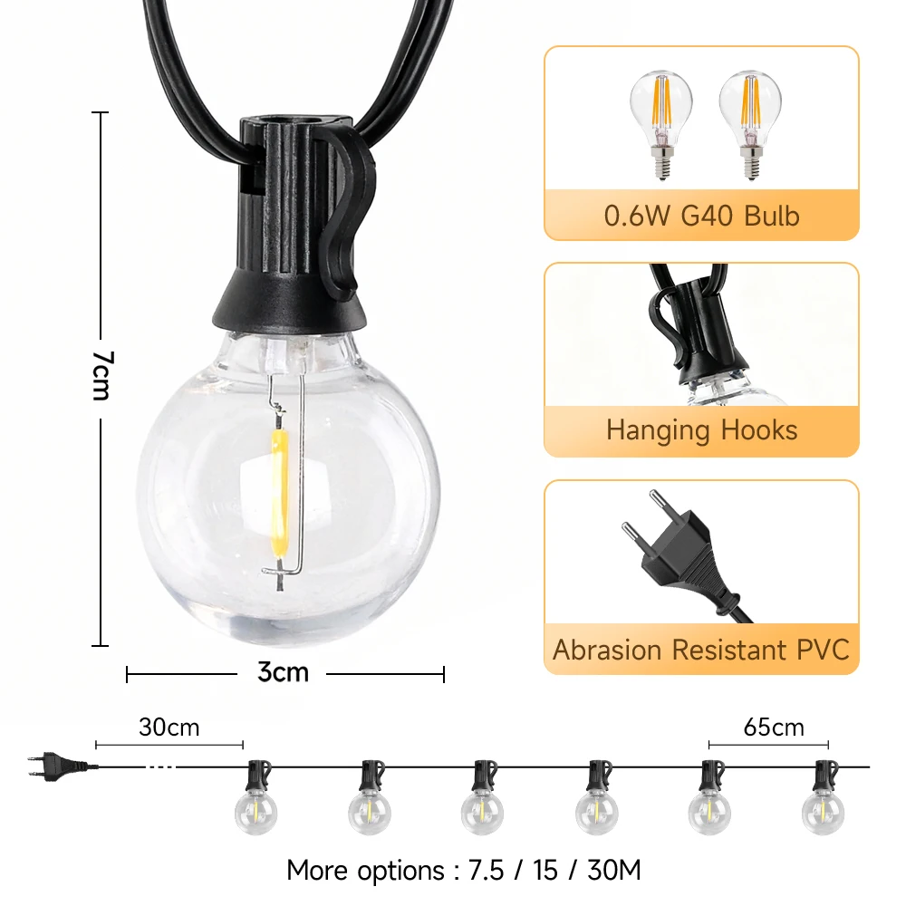 G40 Led Stringa di luce esterna Decorazioni natalizie 7.5/15/30M Lampadine a globo Lampada da fata per matrimonio Patio Cortile Lampada da campeggio a corda