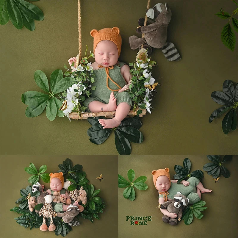 

Newborn Baby Photography Accessories Forest Zoo Theme Baby Knitted Overalls + Hat Set Studio Photo Stretch Wrap Green Plant Prop