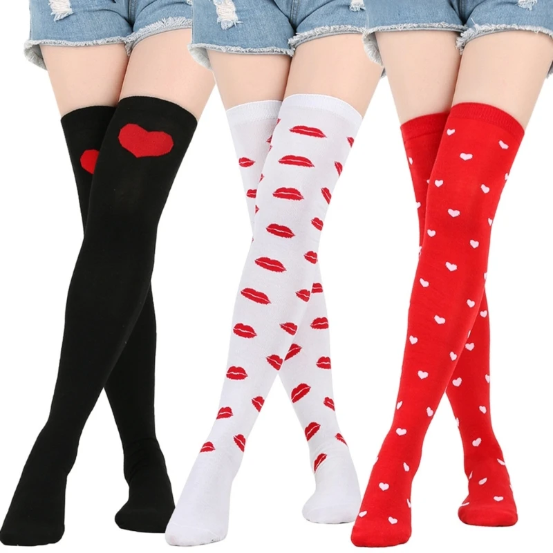 Valentines Day Over Knee Stockings Women Girls Cute Heart Love Lip Pattern Thigh High Long Socks Club Party Costume Daily Wear