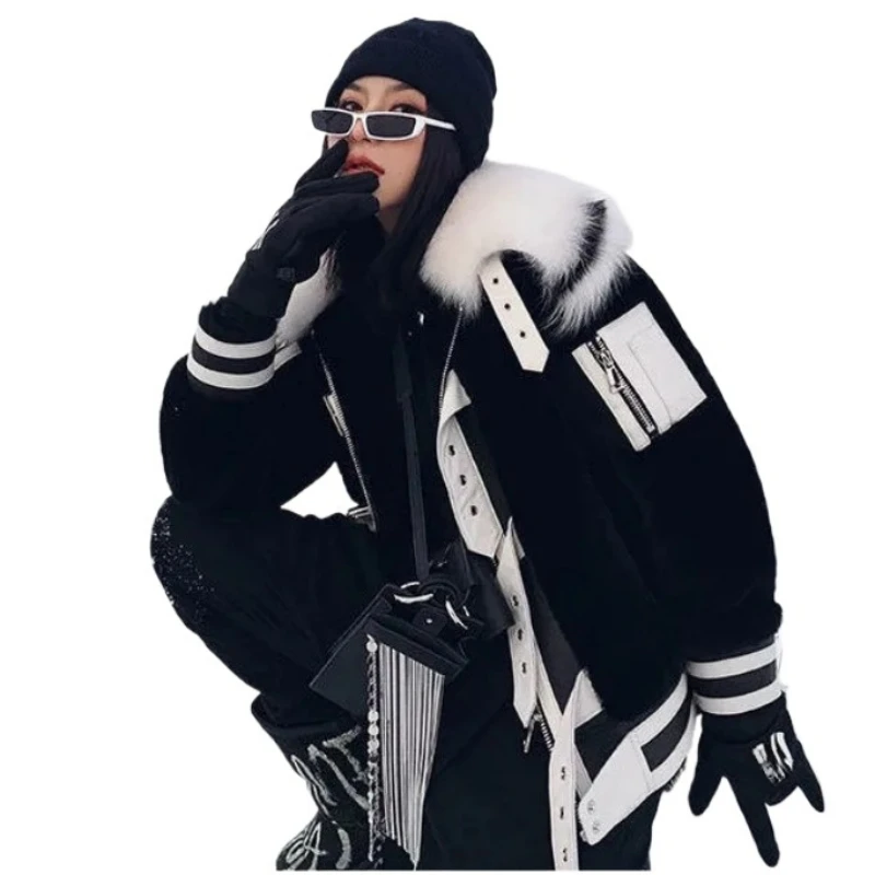 2023 Winter New Women Imitation Fur Big Fur Collar Coat Thicken Warm Short Jacket Loose Fashion Patchwork Outwear Casual Top