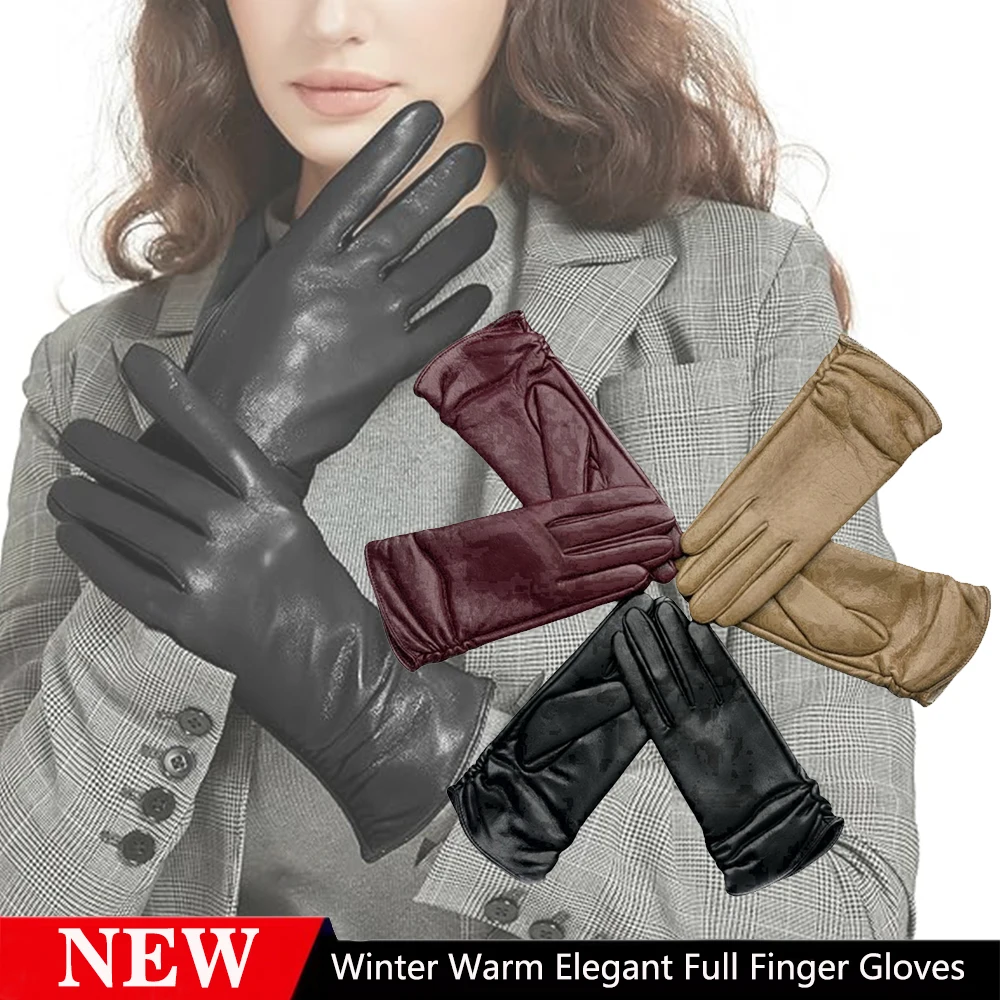 

Women Winter Warm Elegant Full Finger Gloves with Soft Fleece Lining Embossed Coldproof Split Finger for Weekend Casual Wear