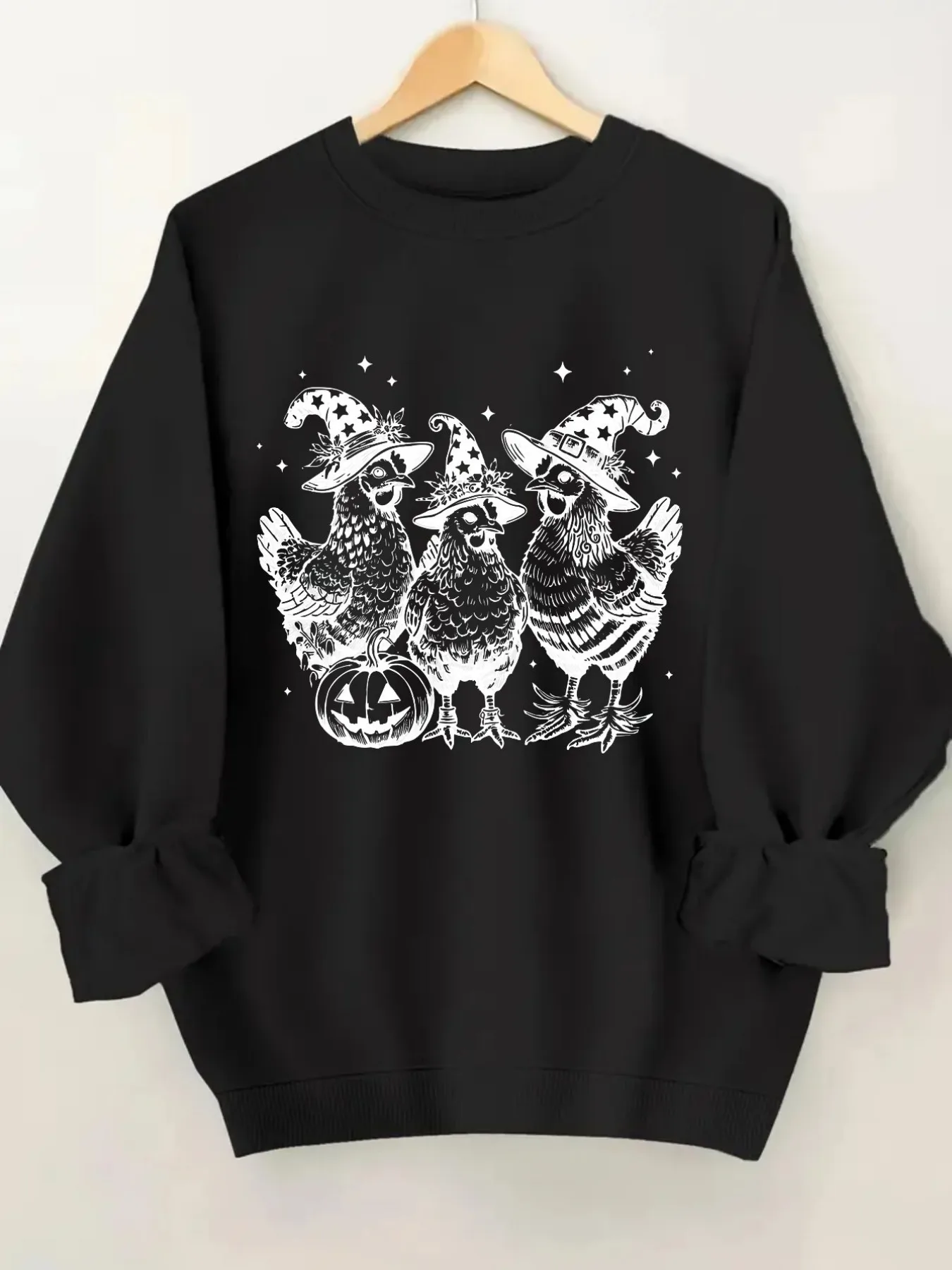 Women's Crewneck Pullover Sweatshirt Witch Chicken Pumpkin Design, Soft Casual Long Sleeve, Daily Casual Top Outfit, Winter Women's Clothing, Halloween Costume Outfit