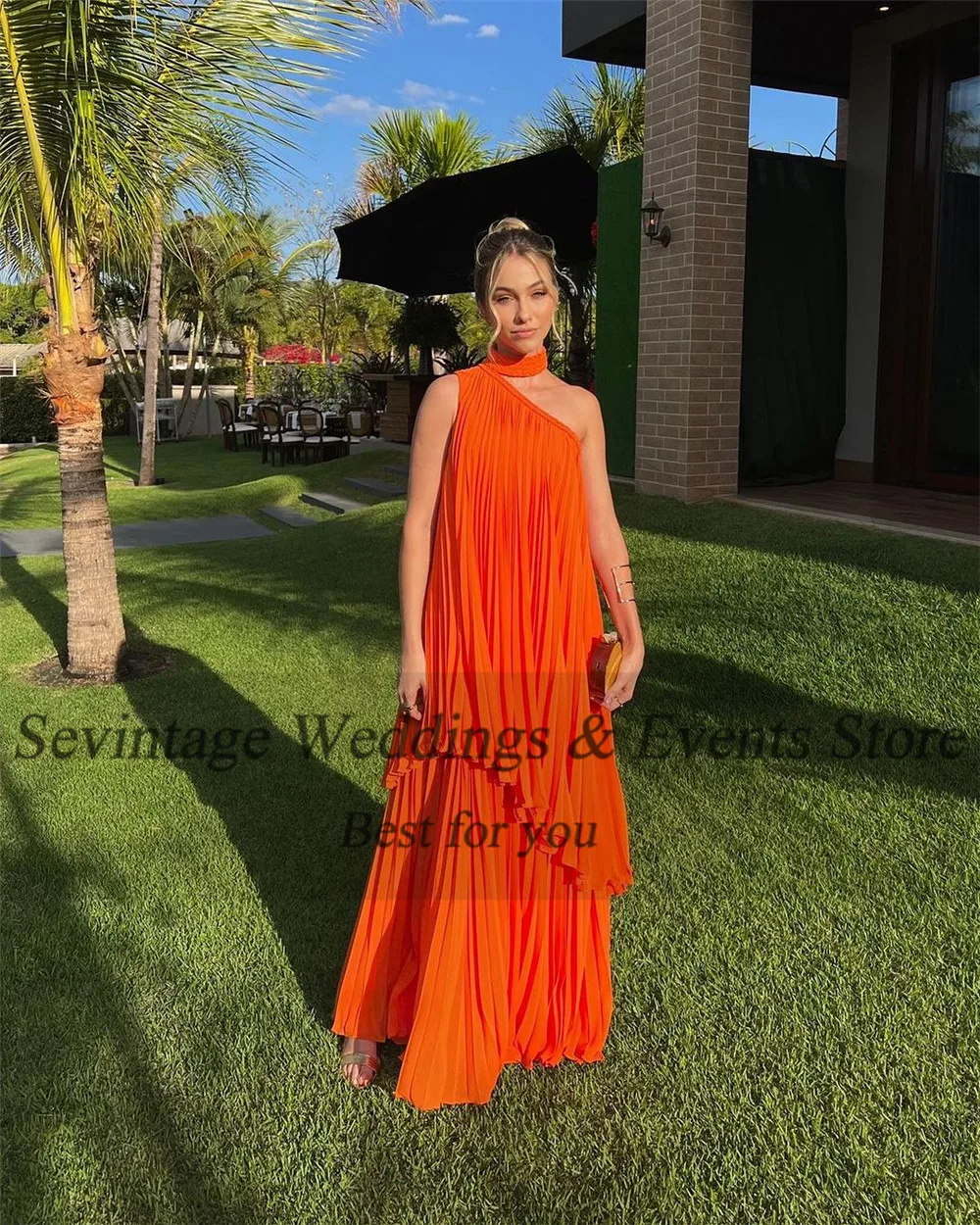 Customized Modest Orange Chiffon Evening Dresses Halter Tiered Pleated Sleeveless Prom Dress Floor Length Vestidos De Gala 2023