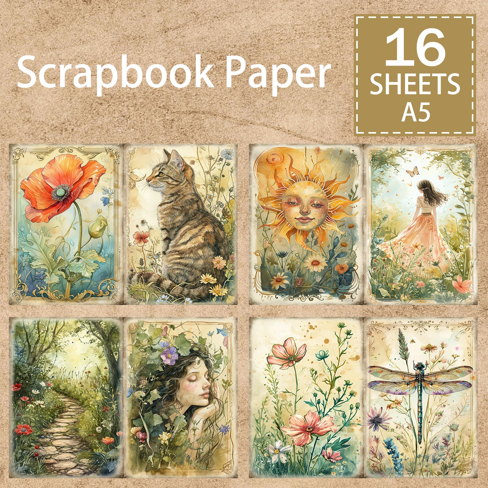 16 Sheets A5 Size Animal Tabby Cat Sun Girl Background Vintage Grunge Journal Planning Scrapbooking