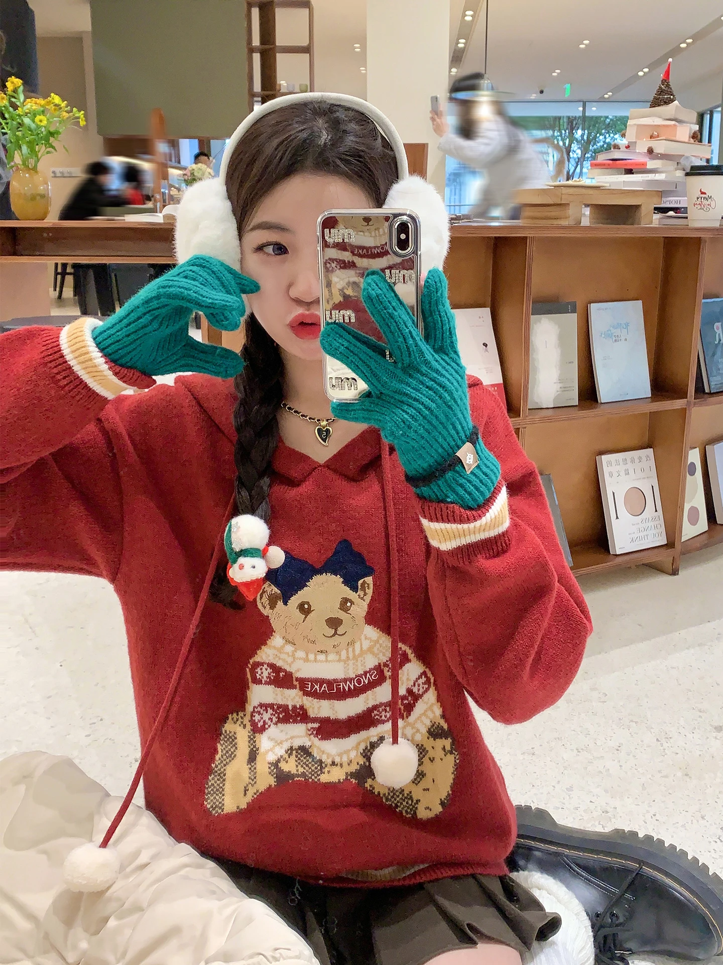 

Корейский вязаный свитер с капюшоном красного цвета для женщин, осенне-зимний, свободного кроя, теплый, повседневный, для работы и отдыха