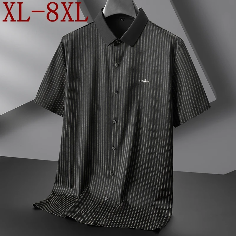 8XL 7XL 6XL 2024 New Summer Striped Chemise Homme High End Ice Silk Breathable Shirt Men Brand Clothing Business Mens Shirts