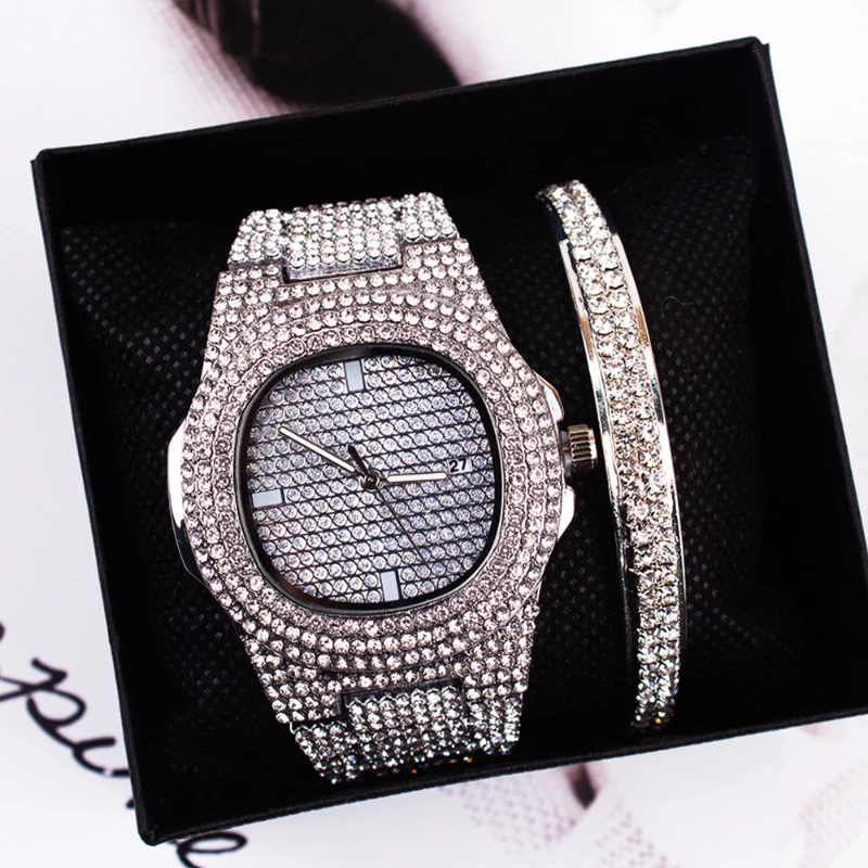 Reloj de pulsera con diamantes de diseñador de lujo elegante a la moda, conjunto de pulsera para mujer, relojes de cuarzo no impermeables, regalos para mujer, accesorios