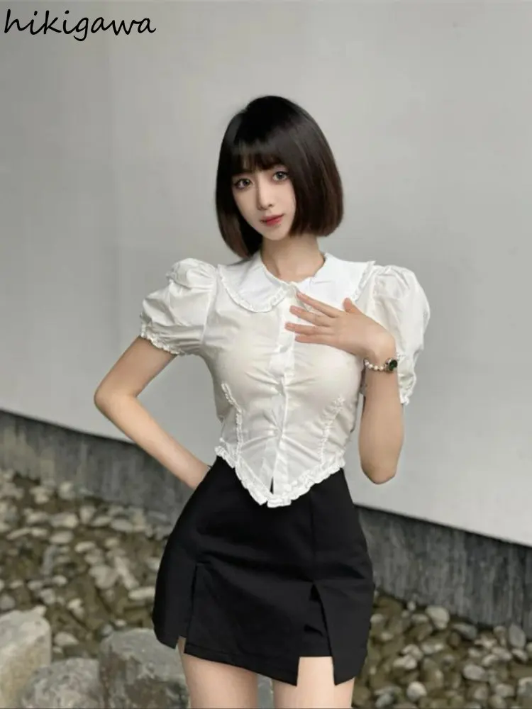 Temperament Crop Tops Vintage Blouse for Women Peter Pan Collar Puff Sleeve Tunic Ruffles White Shirts 2023 Blusas De Mujer