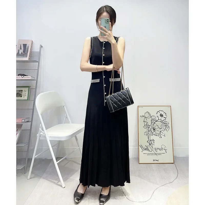 High Quality S Fashion Sleeveless Dresses Elegant Pearl Beads O-neck Tops Pullover Casual Retro French Style Skirt