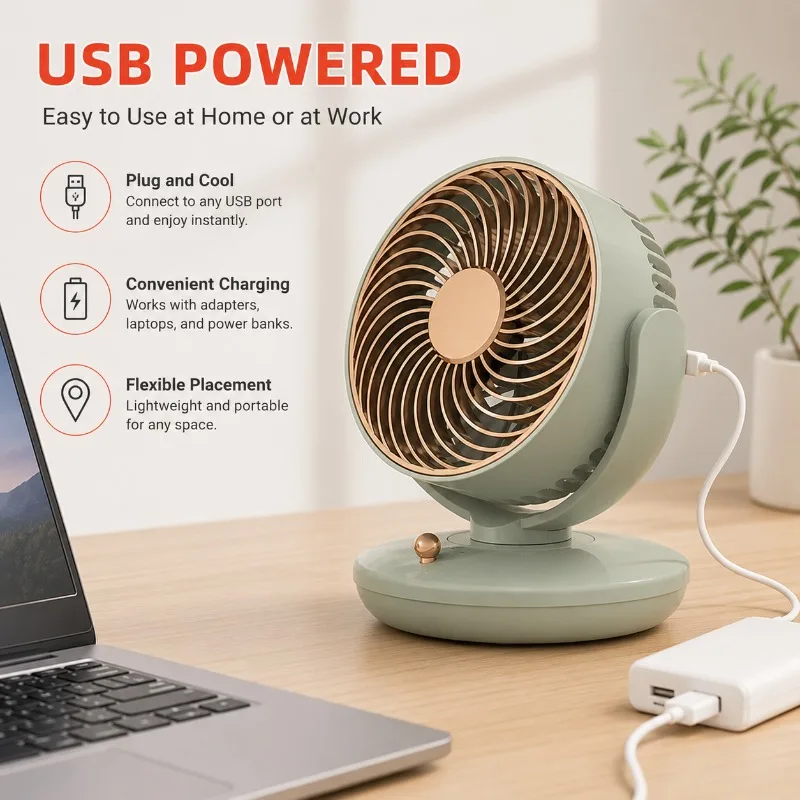 Oscillating Desktop Air Circulator 3 Wind Speed Levels 4 Plastic Blades Brushless Motor Rechargeable
