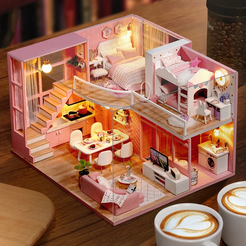 Wooden Miniature Doll House DIY Duplex Apartment Production 3D Puzzle Assembly Building Wooden Toys Decoration With LED Lights