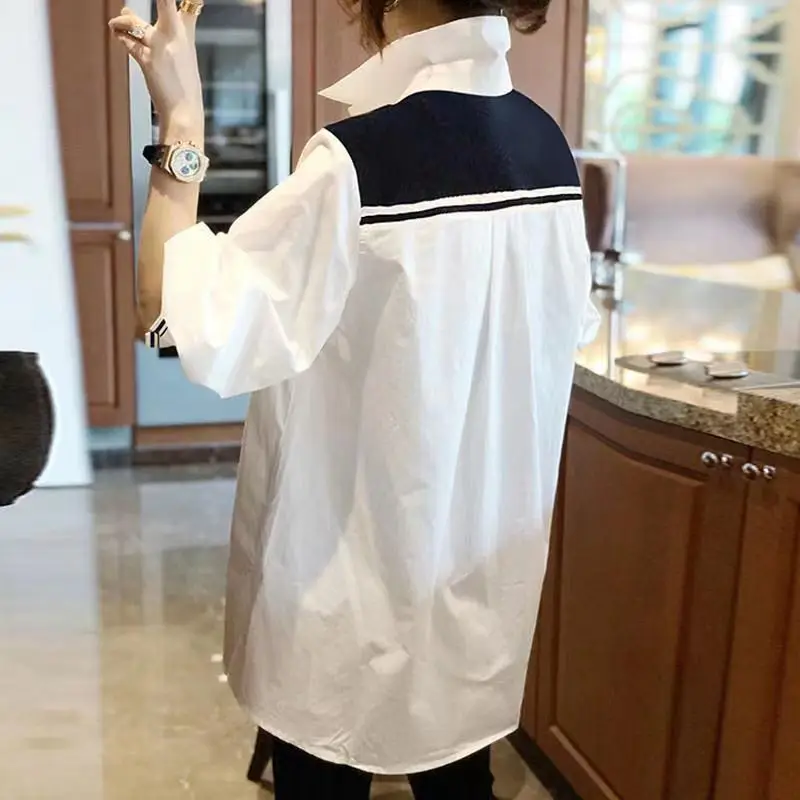 Mujer suelta larga Sve irt falso diseño de dos piezas coreano Sle adelgazante capa base superior Fasionable Commute Ne Butt...