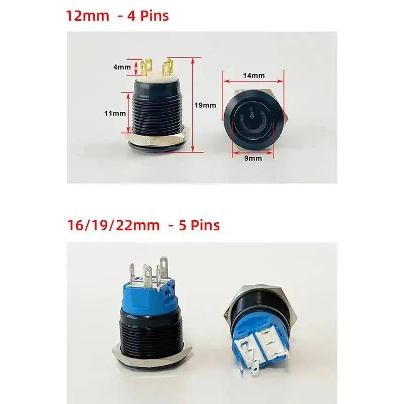 12/16/19/22mm bloqueio de travamento de reinicialização momentânea concha preta interruptor de botão de metal à prova d'água luz led plana redonda 6v 12v 220v