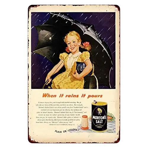 KENSILO Metal Vintage Tin Signs Wall Decor 1946 Morton's Salt Pretty Little Rain Girl for Cafe Garage Wine Cellar Man Cavees