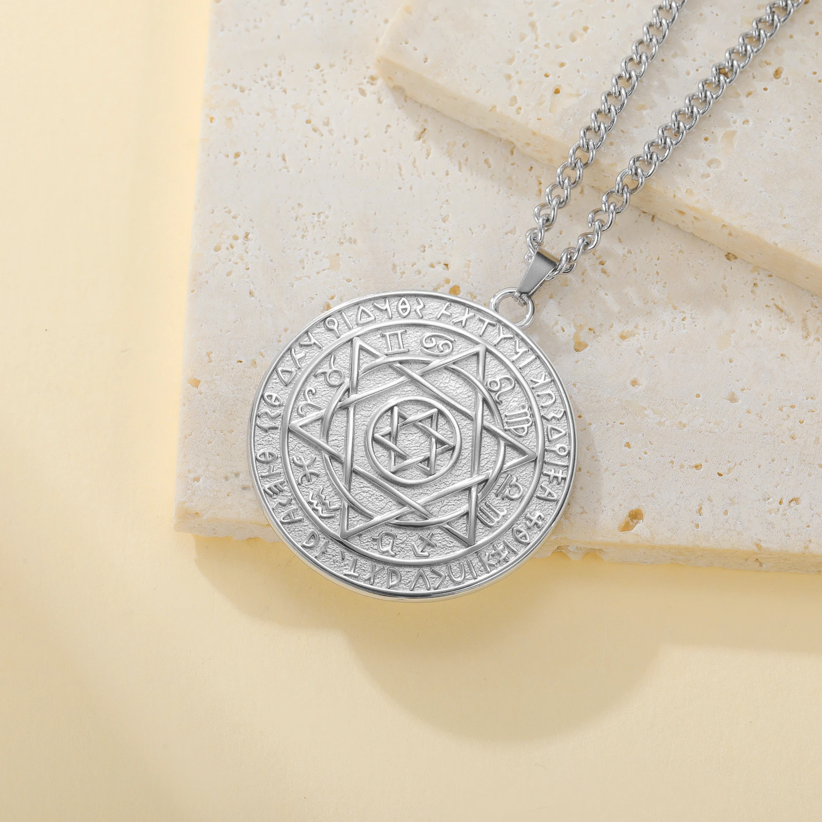 Seal of Solomon Talisman Necklace Hexagram Star Coin Pendant Zodiac Rune Amulet Stainless Steel Necklace Protection Jewelry Gif