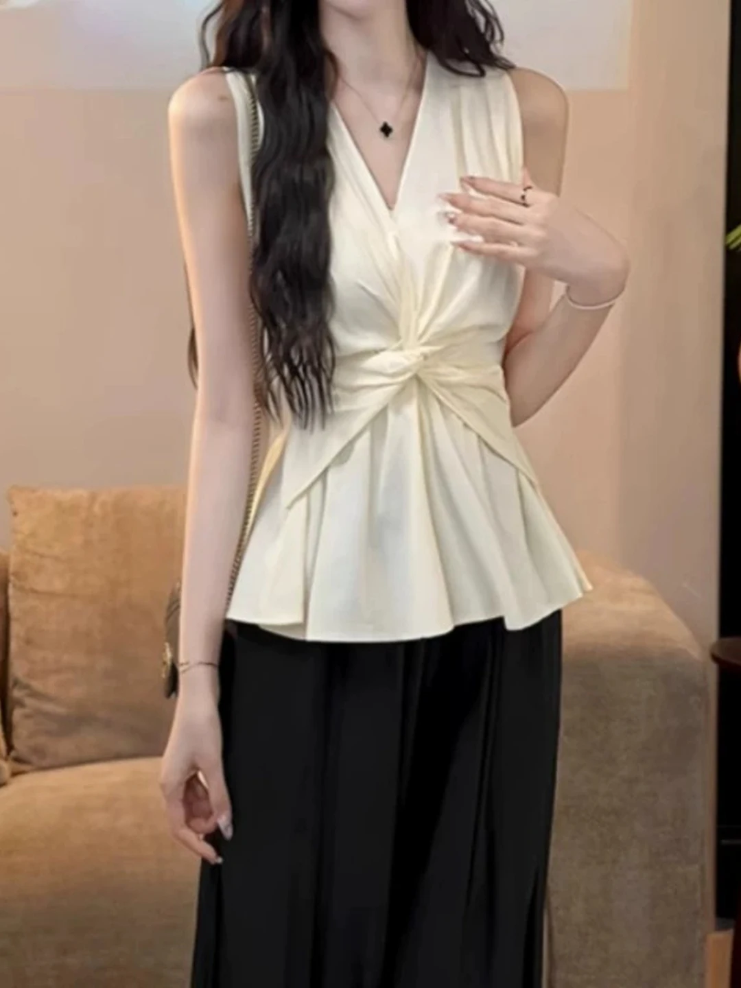

Slimming Knot V-Neck Shirt Women plus Size Summer Belted Korean Style Office Wear Casual Regular Fit Color Top