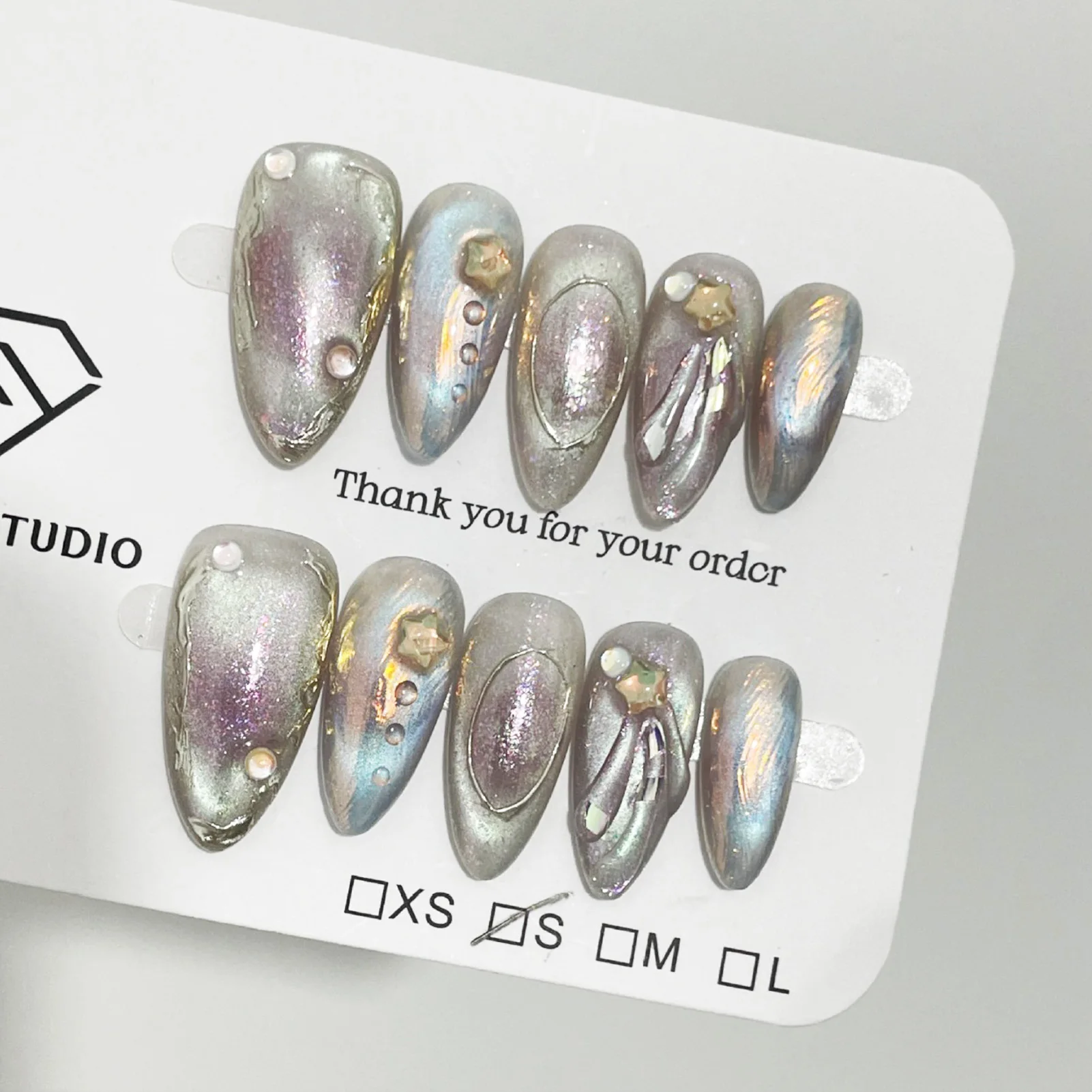 10pcs Handmade Aurora Almond False Nails Fantasy Mermaid Cat's Eye Full Cover Press On Nails Summer Detachable Fake Nail Tips