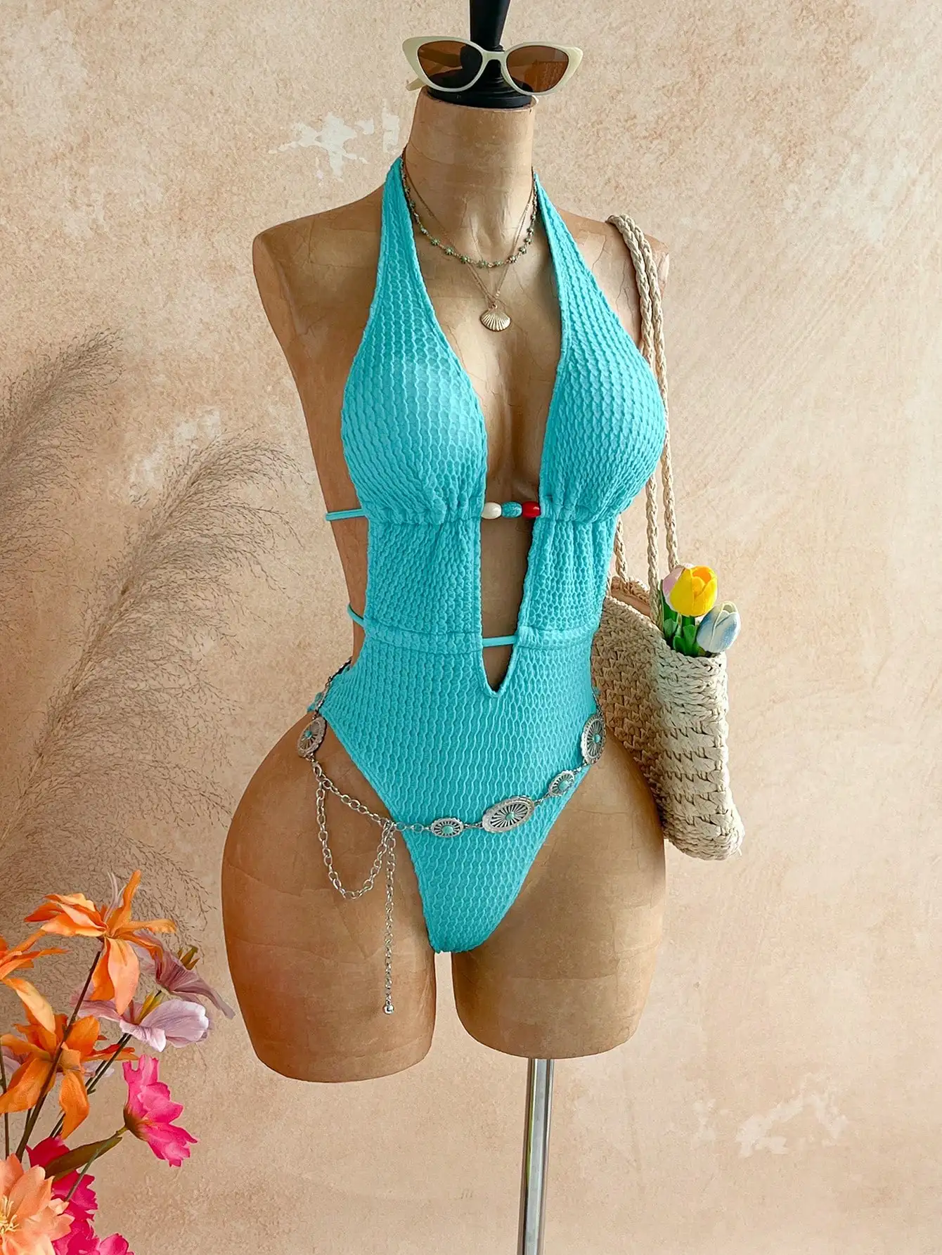 

Blue Halter Neck One Piece Swimsuit With Cut Out And Chain Detail