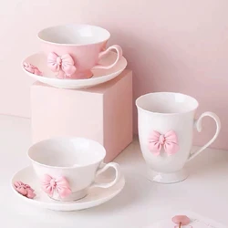 200ML Bow Ceramic Coffee Cup and Saucer Tableware Set Cute Girl Heart Cup and Saucer Set Afternoon Tea Latte Birthday Gift