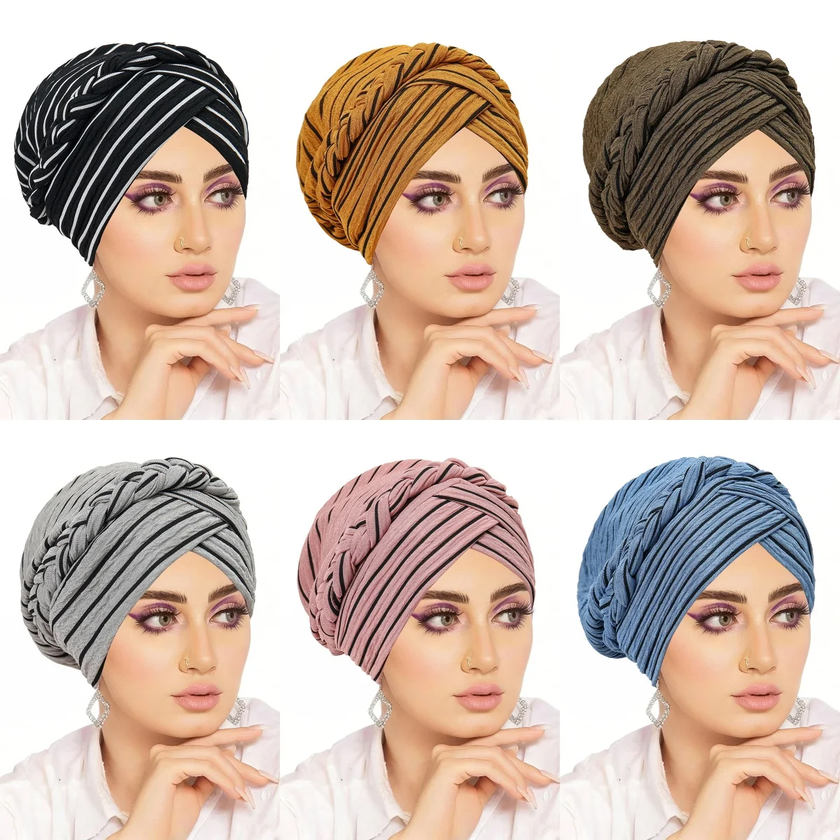 

Новые модные полосатые женские мусульманские хиджабы-шапочки с плетением, индийские тюрбаны-боннеты, модные головные уборы, исламская одежда и аксессуары